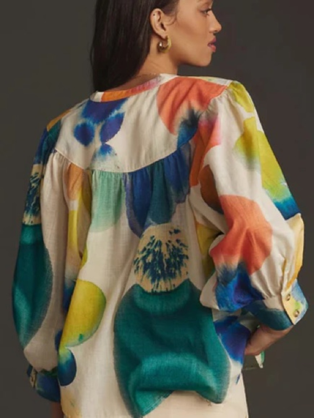 Anthropologie Maeve Floral Watercolor Puff-Sleeve Blouse - Multicolor- Medium